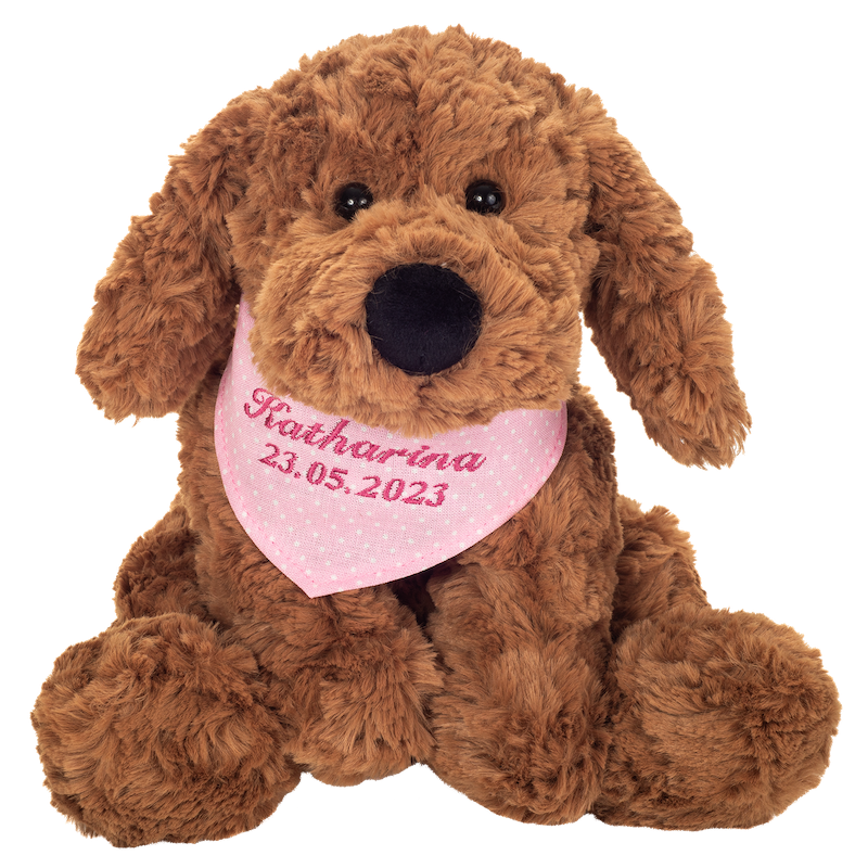 Teddy Hermann Schlenkerhund braun mit individueller Bestickung (rosa Halstuch) 30 cm 94649-rosa-Teddy-Hermann GmbH-Teddy Cool Shop