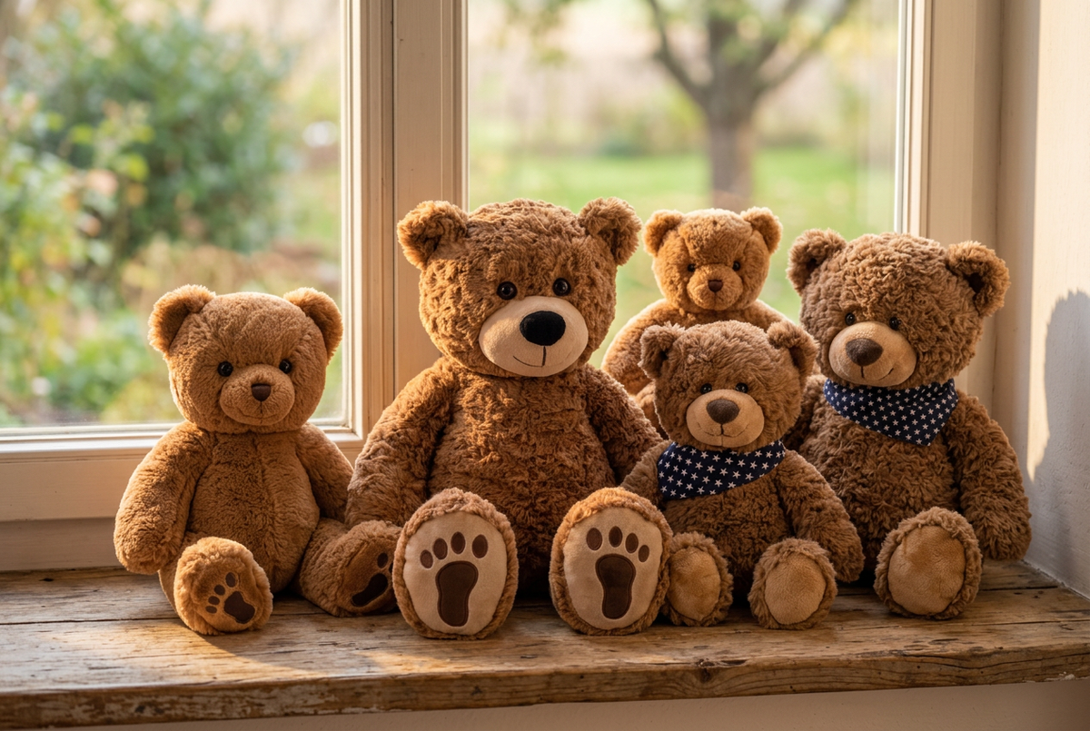 Gruppenmotiv Teddybären v3: die fünf Teddy-Hermann-Bären auf einer Fensterbank
