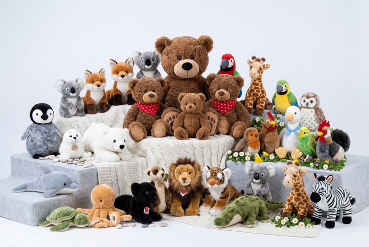 Gruppenmotiv Alle Kuscheltiere: viele Kuscheltiere aus Teddybären, Meerestieren, Vögeln und Safari-Tieren in einer hellen Studio-Kulisse