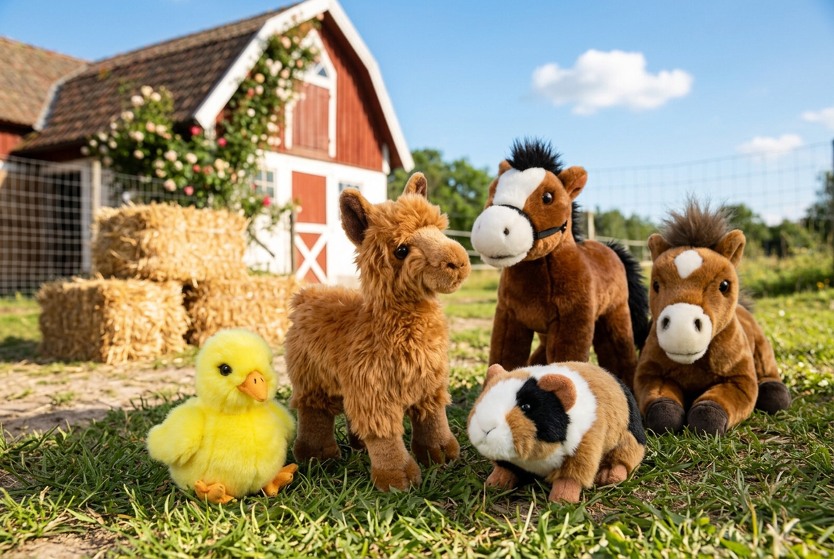 Gruppenmotiv Bauernhoftiere v2: Alpaka, Küken, Meerschweinchen und Pferde vor Scheune und Wiese