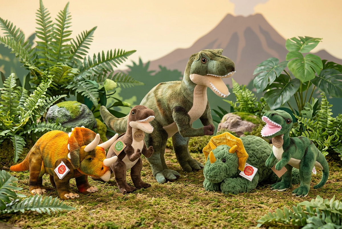 Gruppenmotiv Dinosaurier: T-Rex, Triceratops und Dino Donnie in Dschungelkulisse