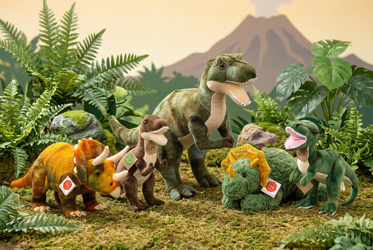 Gruppenmotiv Dinosaurier: T-Rex, Triceratops und Dino Donnie in Dschungelkulisse