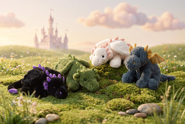 Gruppenmotiv Drachen: Cleo, Lottie, Fluffy und Logan auf märchenhafter Wiese