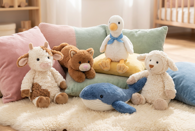 Gruppenmotiv Herzekind Collection: Kuh Gerda, Walfisch Waltraud, Katze Kikki, Ente Elisa und Schäfchen Maggi im Kinderzimmer