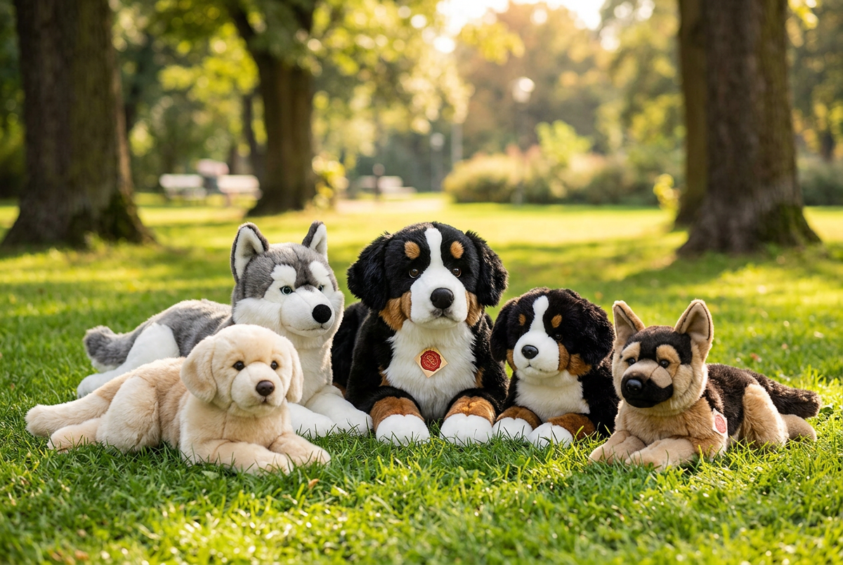 Gruppenmotiv Hunde: Berner Sennenhund, Husky, Golden Retriever und Schäferhund im Park