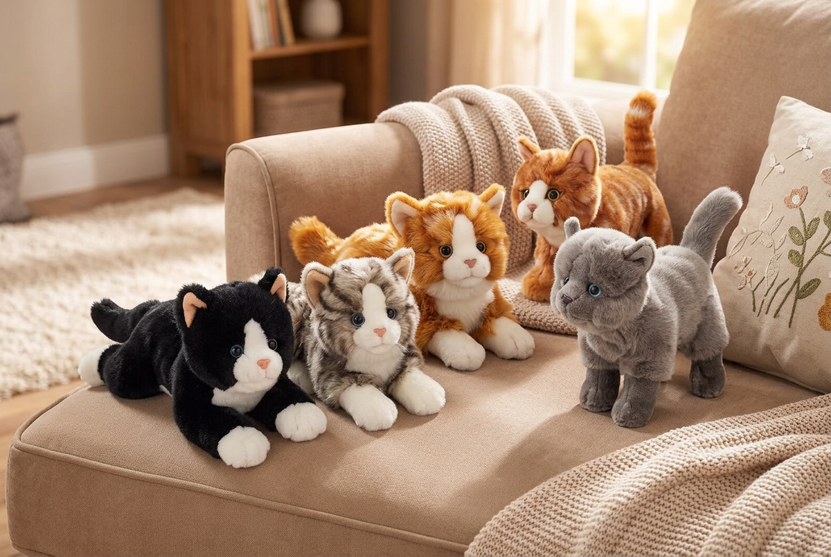 Gruppenmotiv Katzen: Plüschkatzen auf einem Sofa
