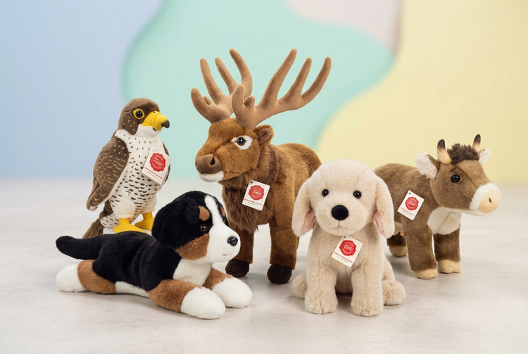 Gruppenmotiv Neuheiten: Falke, Berner Sennenhund, Welpe Barry, Hirsch und Kuh im hellen Studio