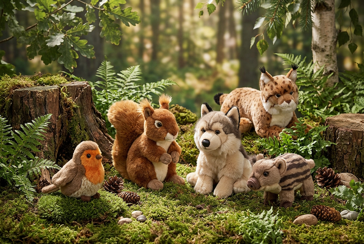 Gruppenmotiv Waldtiere: Eichhörnchen, Rotkehlchen, Frischling, Wolf und Luchs auf Waldboden