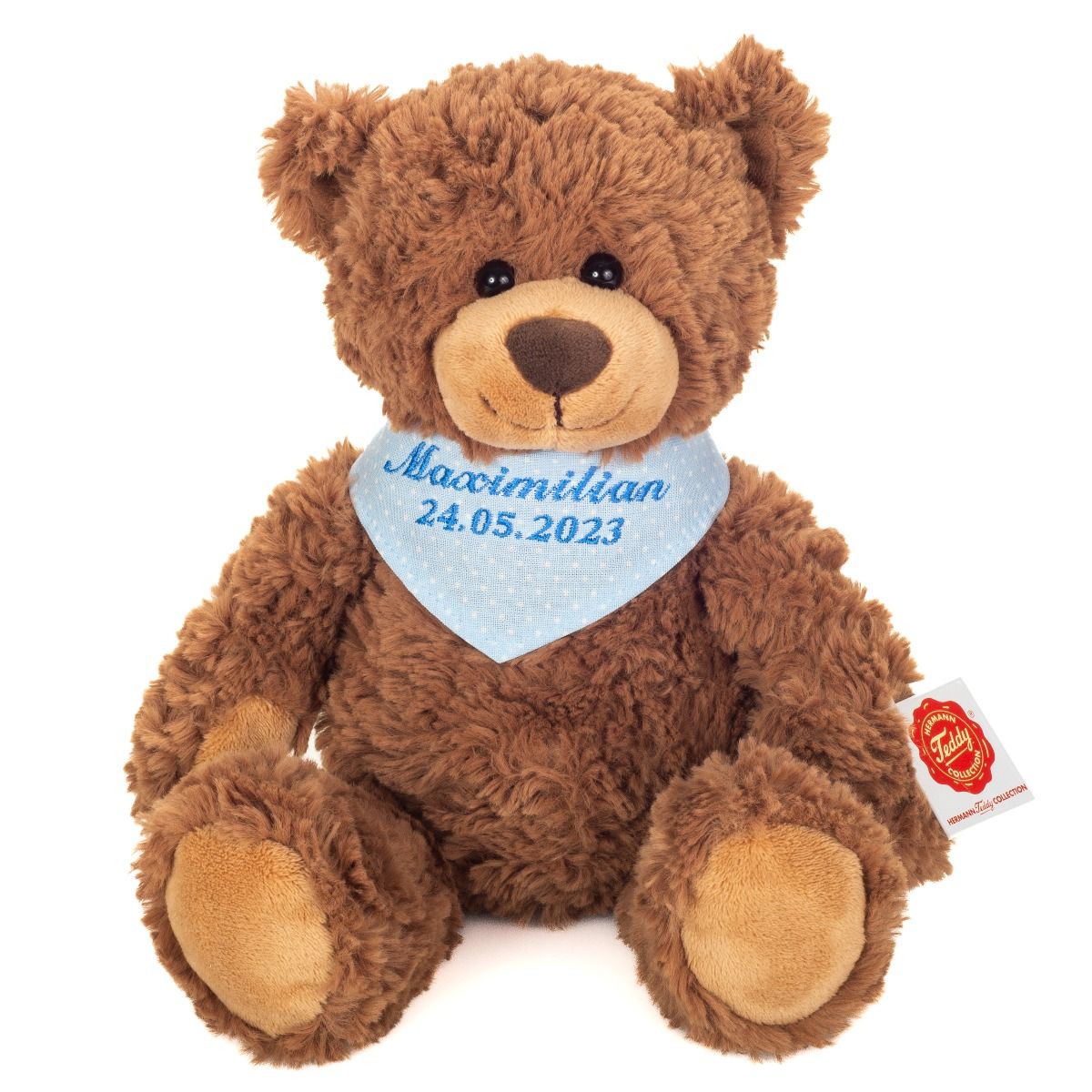 Teddy Hermann Schlenkerteddy braun mit individueller Bestickung (blaues Halstuch) 30 cm 94649-blau-Teddy-Hermann GmbH-Teddy Cool Shop