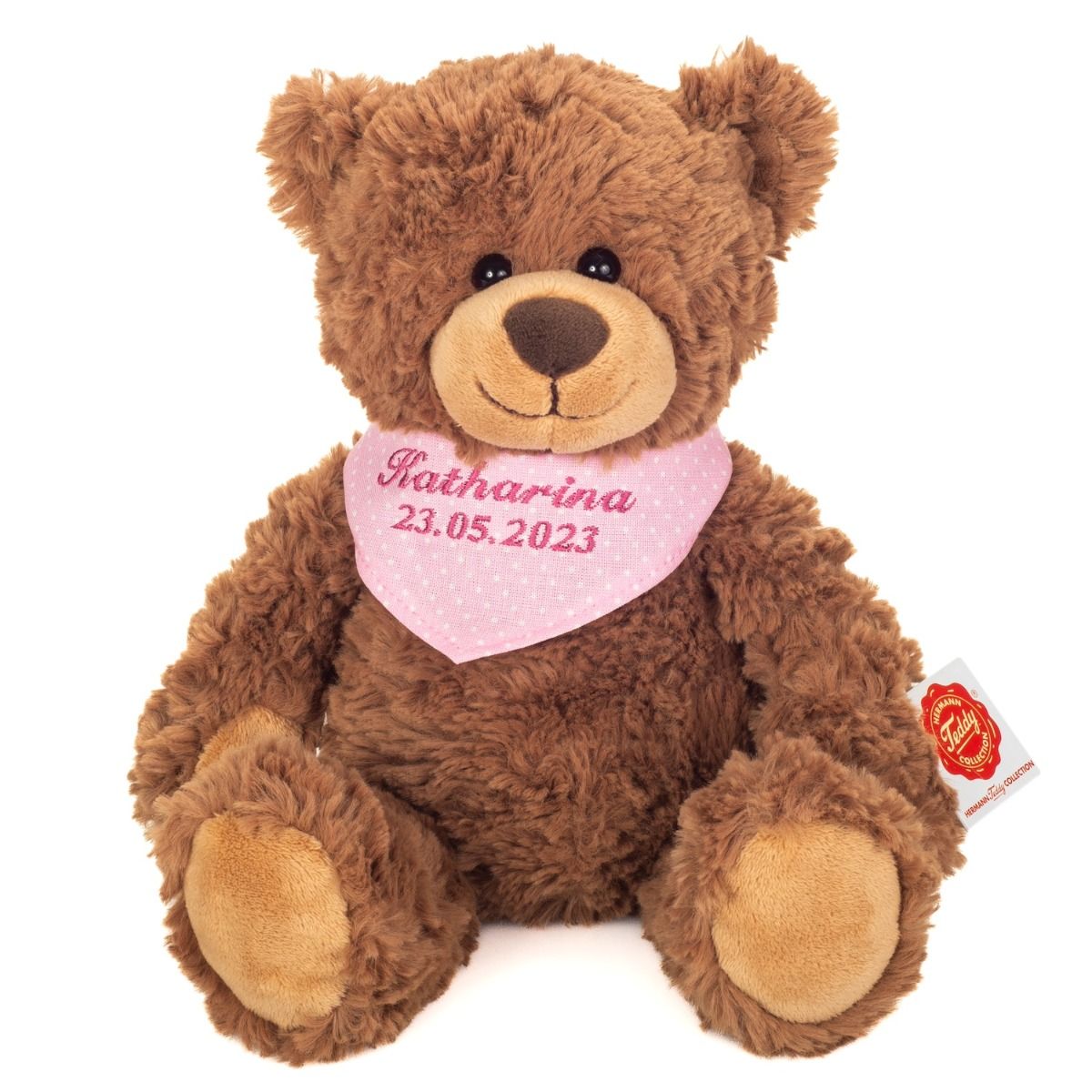 Teddy Hermann Schlenkerteddy braun mit individueller Bestickung (rosa Halstuch) 30 cm 94649-rosa-Teddy-Hermann GmbH-Teddy Cool Shop