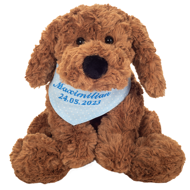 Teddy Hermann Schlenkerhund braun mit individueller Bestickung (blaues Halstuch) 30 cm 94649-blau-Teddy-Hermann GmbH-Teddy Cool Shop