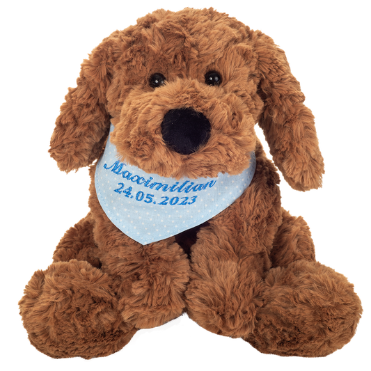 Teddy Hermann Schlenkerhund braun mit individueller Bestickung (blaues Halstuch) 30 cm 94649-blau-Teddy-Hermann GmbH-Teddy Cool Shop