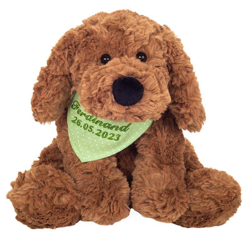 Teddy Hermann Schlenkerhund braun mit individueller Bestickung (grünes Halstuch) 30 cm 94649-gruen-Teddy-Hermann GmbH-Teddy Cool Shop