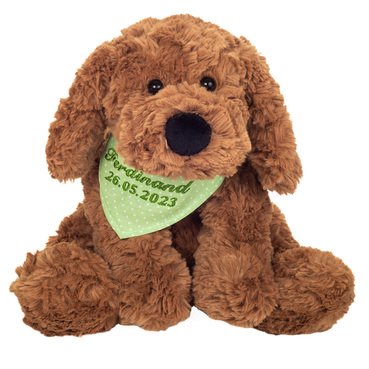 Teddy Hermann Schlenkerhund braun mit individueller Bestickung (grünes Halstuch) 30 cm 94649-gruen-Teddy-Hermann GmbH-Teddy Cool Shop