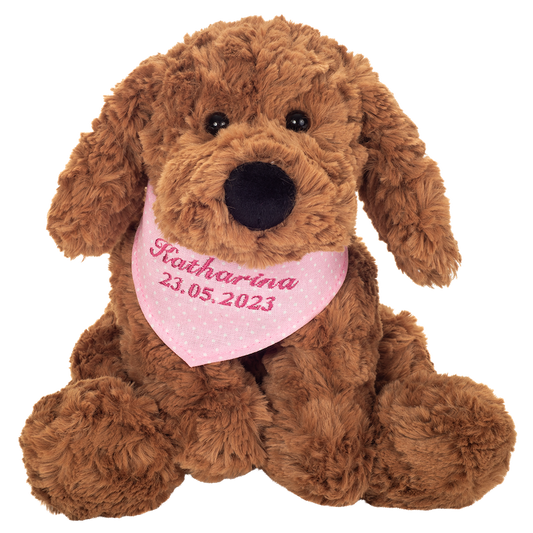 Teddy Hermann Schlenkerhund braun mit individueller Bestickung (rosa Halstuch) 30 cm 94649-rosa-Teddy-Hermann GmbH-Teddy Cool Shop