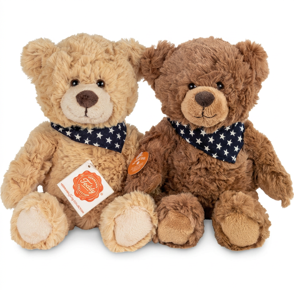 Gruppenbild der beigen und braunen Teddy-Hermann-Teddys 91374 auf weißem Hintergrund