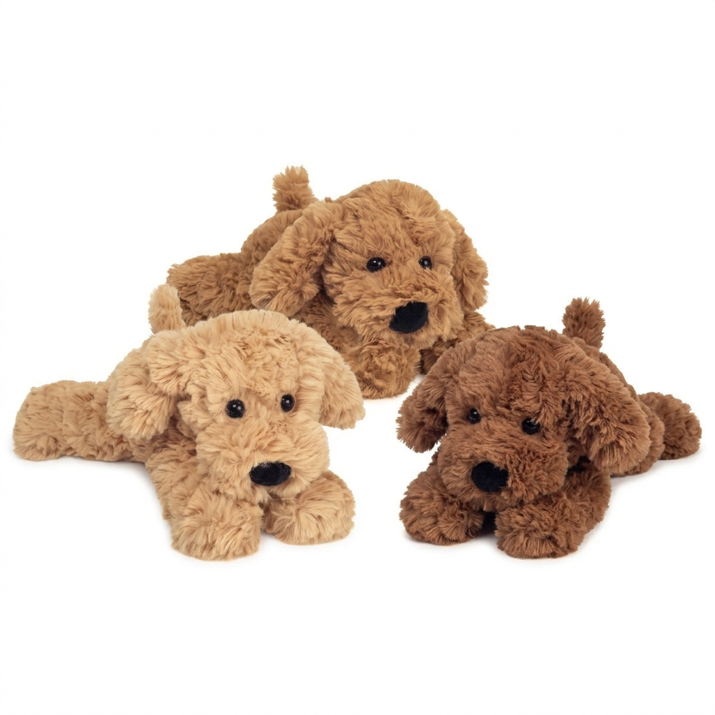 Gruppenbild der drei Teddy Hermann Schlenkerhunde 91985 auf weißem Hintergrund